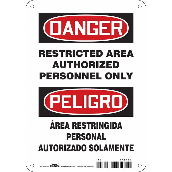 Safety Sign, 10 in H, 7 in W, Polyethylene, Horizontal Rectangle, English, Spanish, 472T11