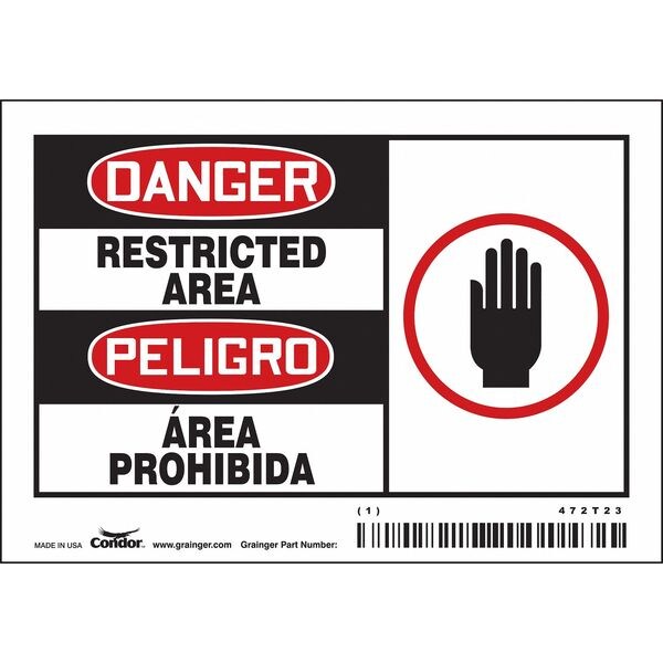 Safety Sign, 3 1/2 in H, 5 in W, Vinyl, Horizontal Rectangle, English, Spanish, 472T23