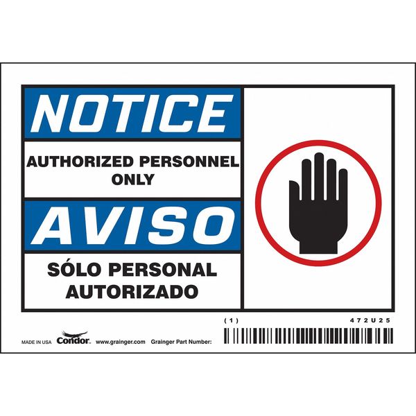 Safety Sign, 3 1/2 in H, 5 in W, Vinyl, Horizontal Rectangle, English, Spanish, 472U25
