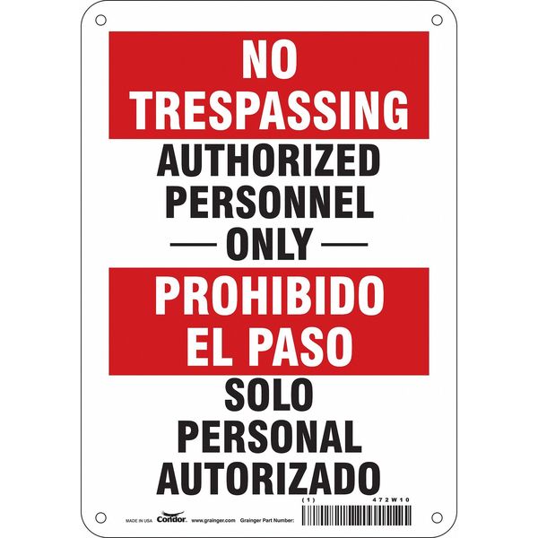 Safety Sign, 10 in H, 7 in W, Polyethylene, Horizontal Rectangle, English, Spanish, 472W10
