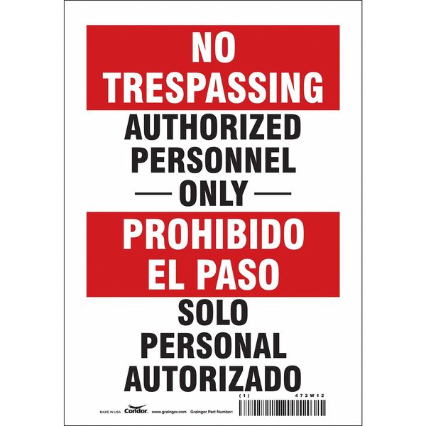 Safety Sign, 10 in Height, 7 in Width, Vinyl, Horizontal Rectangle, English, Spanish, 472W12