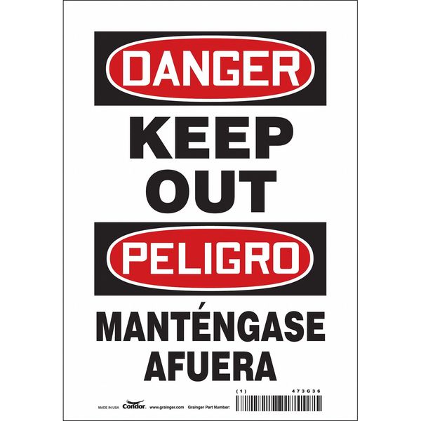 Safety Sign, 10 in Height, 7 in Width, Vinyl, Horizontal Rectangle, English, Spanish, 473G36