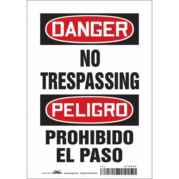 Safety Sign, 10 in Height, 7 in Width, Vinyl, Horizontal Rectangle, English, Spanish, 473K85