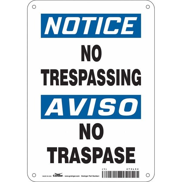 Safety Sign, 10 in H, 7 in W, Polyethylene, Horizontal Rectangle, English, Spanish, 473L34
