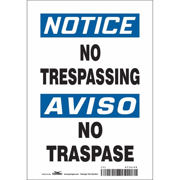 Safety Sign, 10 in Height, 7 in Width, Vinyl, Horizontal Rectangle, English, Spanish, 473L38
