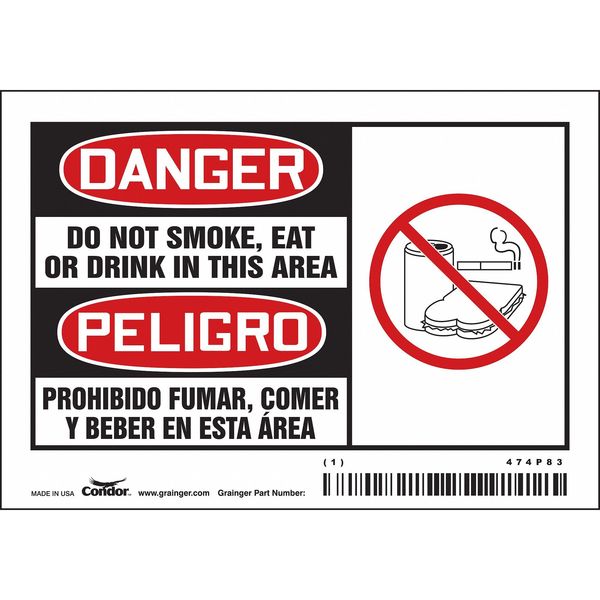 Safety Sign, 3 1/2 in H, 5 in W, Vinyl, Horizontal Rectangle, English, Spanish, 474P83