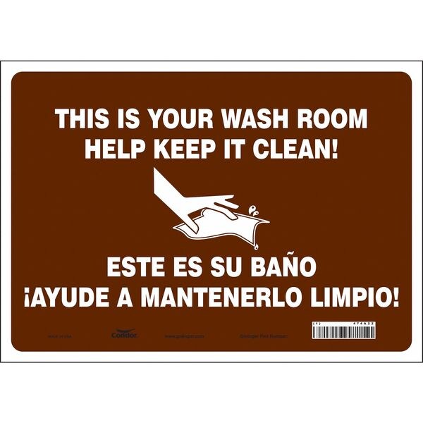 Restroom Sign, 10 in Height, 14 in Width, Vinyl, Horizontal Rectangle, English, Spanish