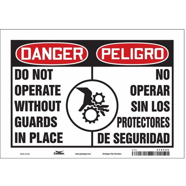 Safety Sign, 7 in Height, 10 in Width, Vinyl, Vertical Rectangle, English, Spanish, 475F98