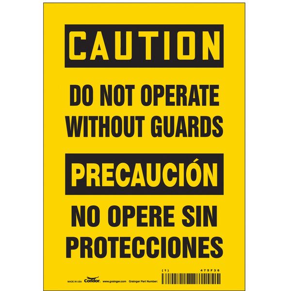 Safety Sign, 10 in Height, 7 in Width, Vinyl, Horizontal Rectangle, English, Spanish, 475F36