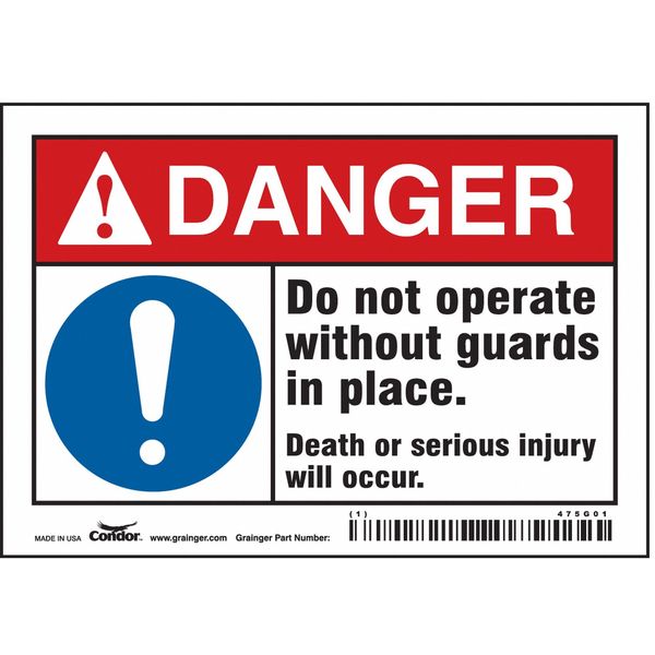 Safety Sign, 3 1/2 in Height, 5 in Width, Vinyl, Horizontal Rectangle, English, 475G01