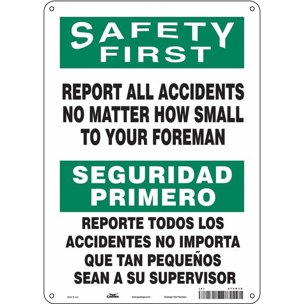 Safety Sign, 14 in Height, 10 in Width, Polyethylene, Vertical Rectangle, English, Spanish, 475H10