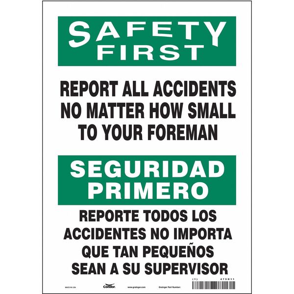 Safety Sign, 14 in Height, 10 in Width, Vinyl, Vertical Rectangle, English, Spanish, 475H11