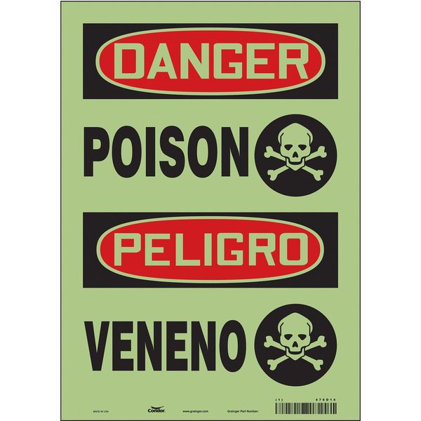 Safety Sign, 14 in H, 10 in W, Glow Vinyl, Vertical Rectangle, English, Spanish, 476D14