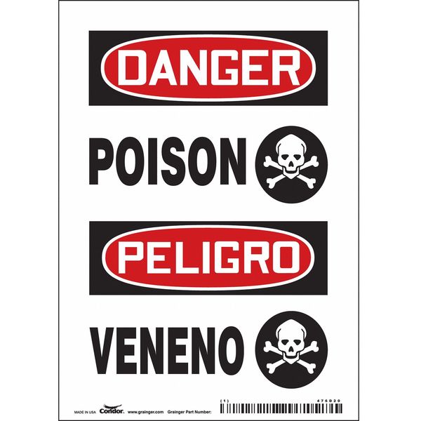 Safety Sign, 7 in Height, 5 in Width, Vinyl, Vertical Rectangle, English, Spanish