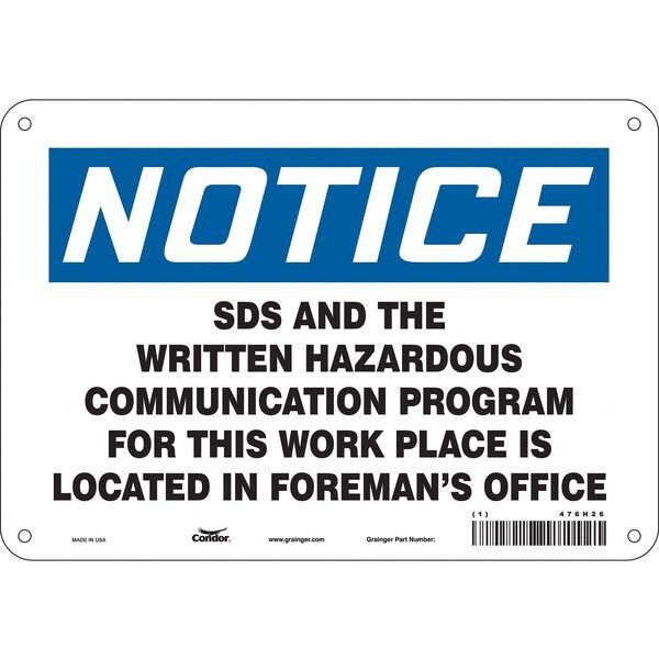 Safety Sign, 7 in Height, 10 in Width, Polyethylene, Vertical Rectangle, English, 476H26