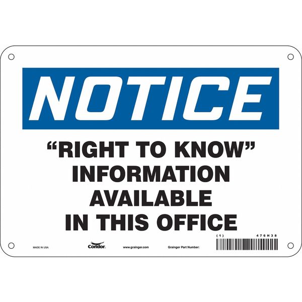 Safety Sign, 7 in Height, 10 in Width, Polyethylene, Vertical Rectangle, English, 476H38