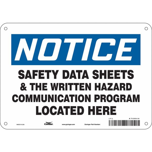 Safety Sign, 7 in Height, 10 in Width, Polyethylene, Vertical Rectangle, English, 476H44