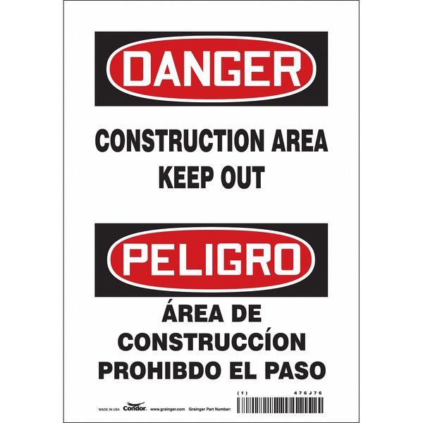 Safety Sign, 10 in Height, 7 in Width, Polyethylene, Horizontal Rectangle, English, Spanish