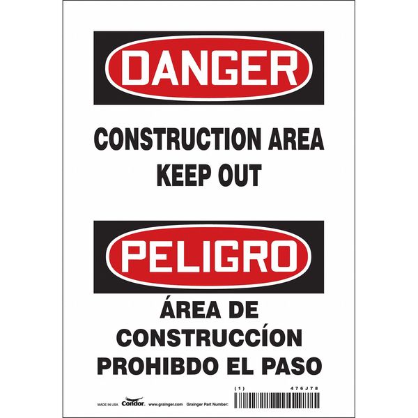 Safety Sign, 10 in Height, 7 in Width, Vinyl, Horizontal Rectangle, English, Spanish, 476J78