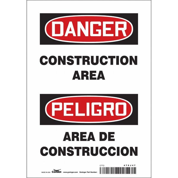 Safety Sign, 10 in Height, 7 in Width, Vinyl, Horizontal Rectangle, English, Spanish, 476J47