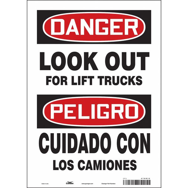 Safety Sign, 14 in Height, 10 in Width, Vinyl, Vertical Rectangle, English, Spanish, 476R32