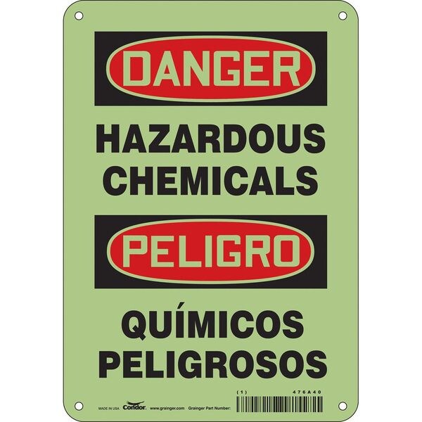 Safety Sign, 10 in H, 7 in W, Glow Vinyl, Horizontal Rectangle, English, Spanish, 476A40