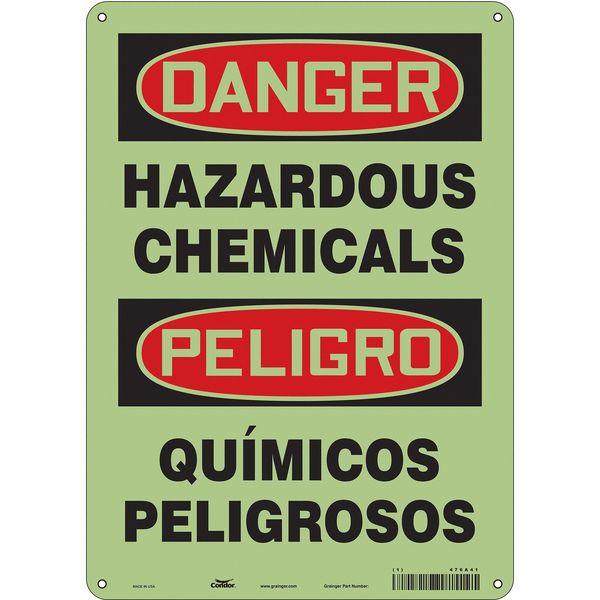 Safety Sign, 14 in H, 10 in W, Glow Vinyl, Vertical Rectangle, English, Spanish, 476A41