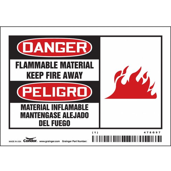 Danger Sign, 3 1/2 in Height, 5 in Width, Vinyl, Horizontal Rectangle, English, Spanish