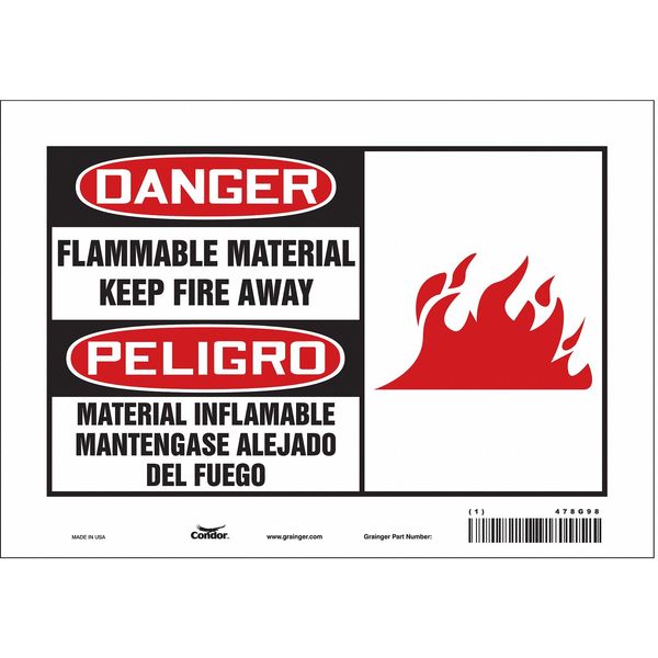 Danger Sign, 7 in Height, 10 in Width, Vinyl, Vertical Rectangle, English, Spanish