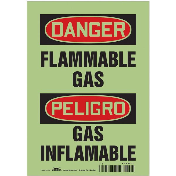Safety Sign, 10 in H, 7 in W, Glow Vinyl, Horizontal Rectangle, English, Spanish, 478G17