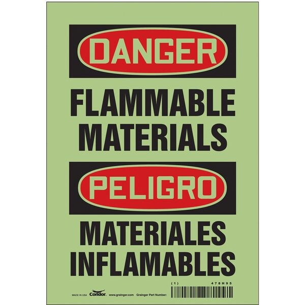Safety Sign, 10 in H, 7 in W, Glow Vinyl, Horizontal Rectangle, English, Spanish, 478H95