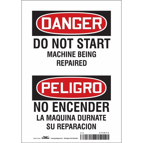 Safety Sign, 10 in Height, 7 in Width, Vinyl, Horizontal Rectangle, English, Spanish, 478N70