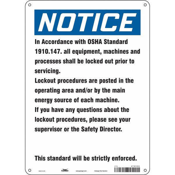 Safety Sign, 14 in Height, 10 in Width, Polyethylene, Vertical Rectangle, English, 478V08