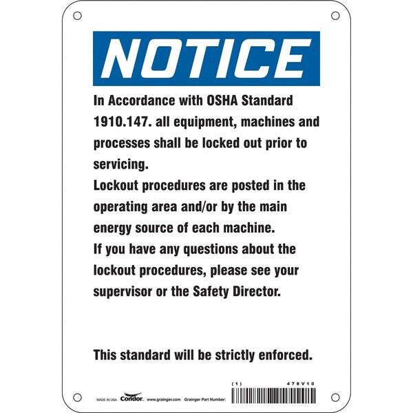Safety Sign, 10 in Height, 7 in Width, Vinyl, Horizontal Rectangle, English, 478V10
