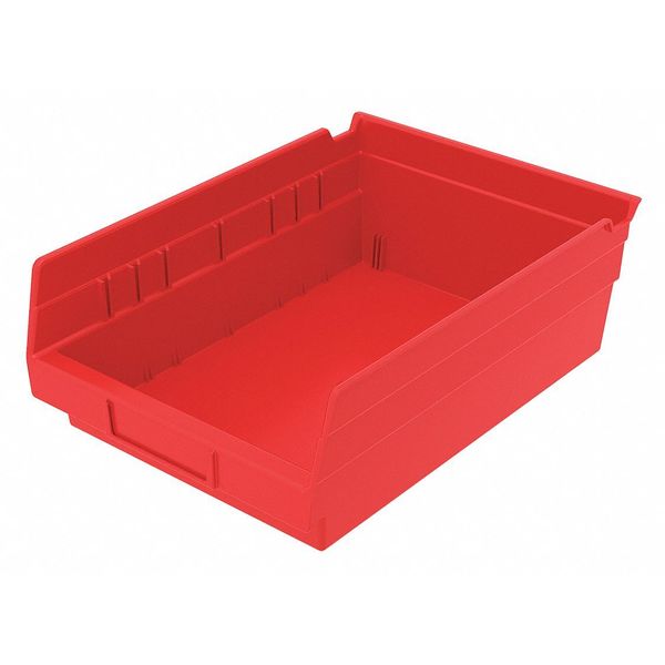 Shelf Storage Bin, Red, Plastic, 11 5/8 in L x 8 3/8 in W x 4 in H, 15 lb Load Capacity
