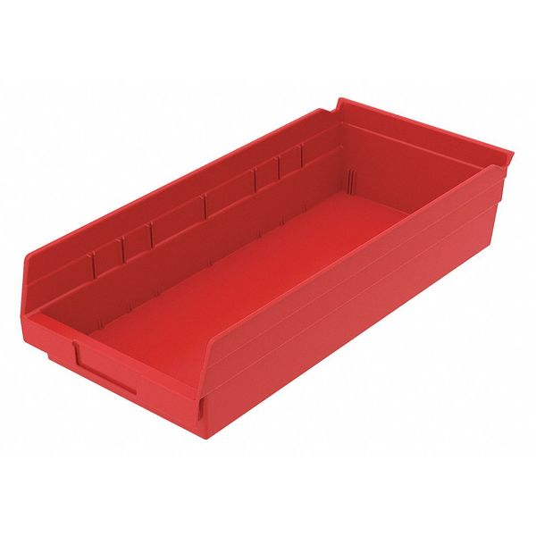 Shelf Storage Bin, Red, Plastic, 17 7/8 in L x 8 3/8 in W x 4 in H, 20 lb Load Capacity