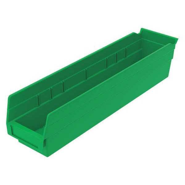 Shelf Storage Bin, Green, Plastic, 17 7/8 in L x 4 1/8 in W x 4 in H, 15 lb Load Capacity