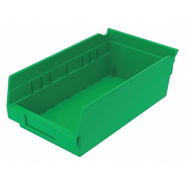 Shelf Storage Bin, Green, Plastic, 11 5/8 in L x 6 5/8 in W x 4 in H, 15 lb Load Capacity