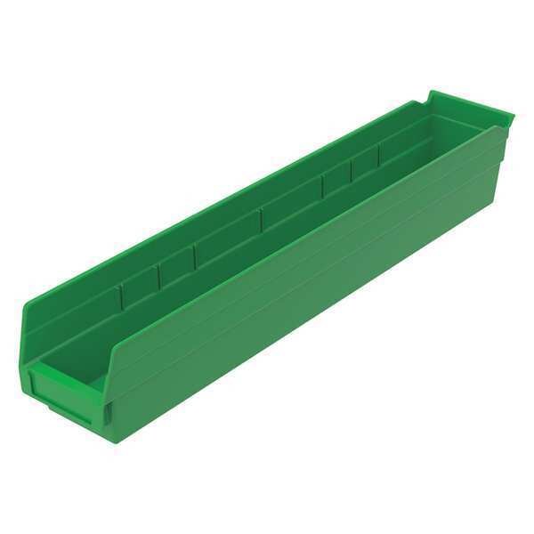 Shelf Storage Bin, Green, Plastic, 23 5/8 in L x 4 1/8 in W x 4 in H, 20 lb Load Capacity