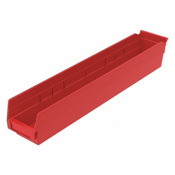 Shelf Storage Bin, Red, Plastic, 23 5/8 in L x 4 1/8 in W x 4 in H, 20 lb Load Capacity