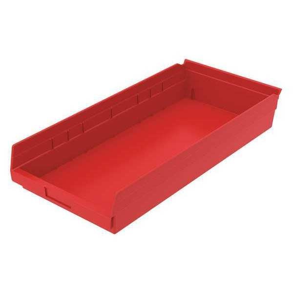 Shelf Storage Bin, Red, Plastic, 23 5/8 in L x 11 1/8 in W x 4 in H, 20 lb Load Capacity