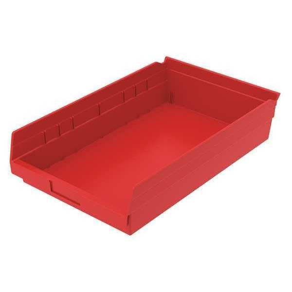 Shelf Storage Bin, Red, Plastic, 17 7/8 in L x 11 1/8 in W x 4 in H, 20 lb Load Capacity