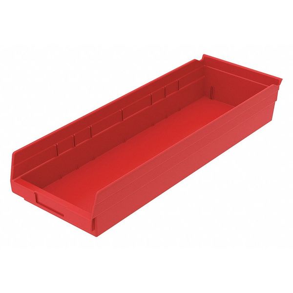 Shelf Storage Bin, Red, Plastic, 23 5/8 in L x 8 3/8 in W x 4 in H, 20 lb Load Capacity