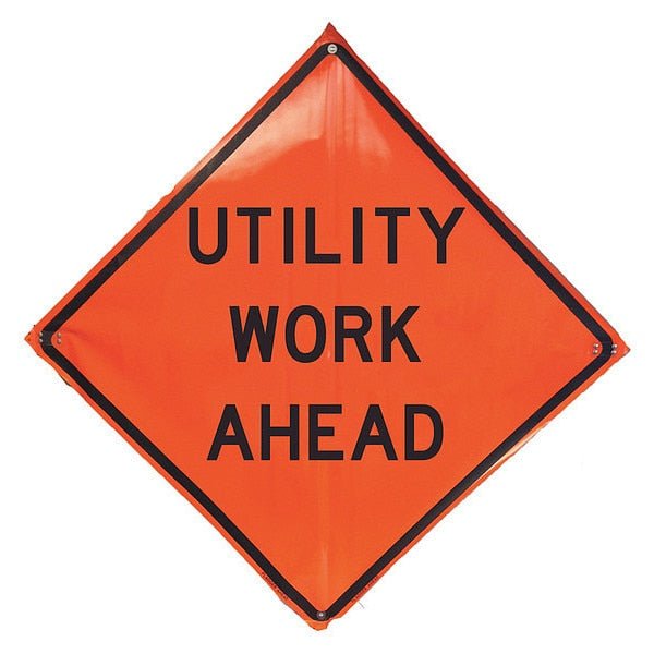 Utility Work Ahead Traffic Sign, 48 in H, 48 in W, Vinyl, Diamond, English, 1UBR1