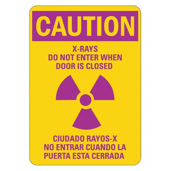 Radiation Sign, 10 in Height, 7 in Width, Plastic, Horizontal Rectangle, English, Spanish