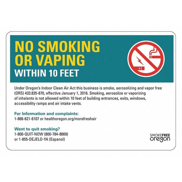 No Smoking Sign, 10 in Height, 7 in Width, Reflective Sheeting, Horizontal Rectangle, English