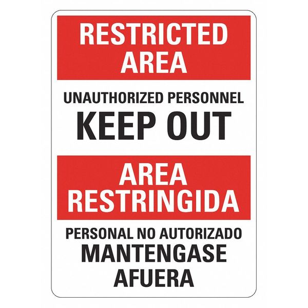 Restricted Area Sign, 14 in Height, 10 in Width, Plastic, Vertical Rectangle, English, Spanish