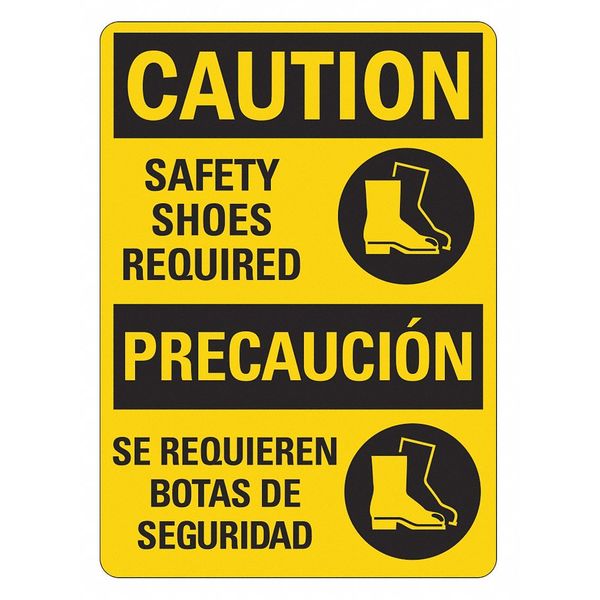 Caution Sign, 14 in Height, 10 in Width, Plastic, Vertical Rectangle, English, Spanish