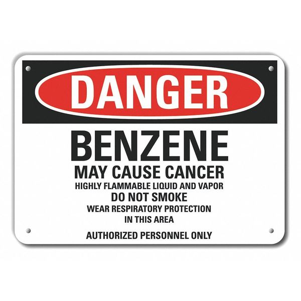 Reflective  Benzene Danger Sign, 10 in Height, 14 in Width, Aluminum, Horizontal Rectangle, English