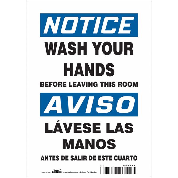Safety Sign, 10 in Height, 7 in Width, Vinyl, Horizontal Rectangle, English, Spanish, 485N68